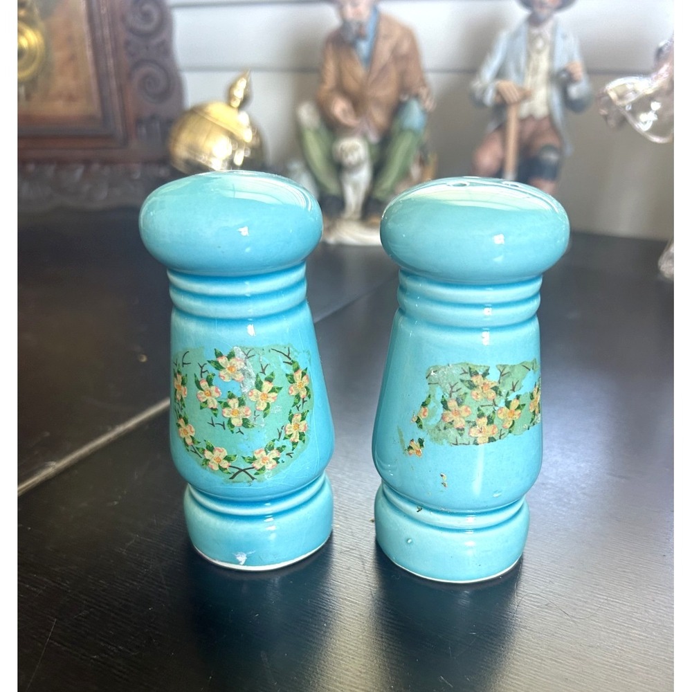 Vintage Teal Floral Salt Pepper Shaker Set Impressed Ceramic Retro
